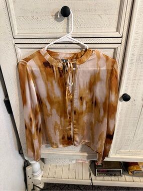 Worthington Brown and Cream Tie-Neck Blouse